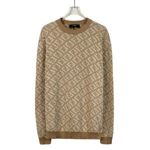 Fendi Mens Cotton Beige Geometric Pattern Crew Neck Sweater Size 50